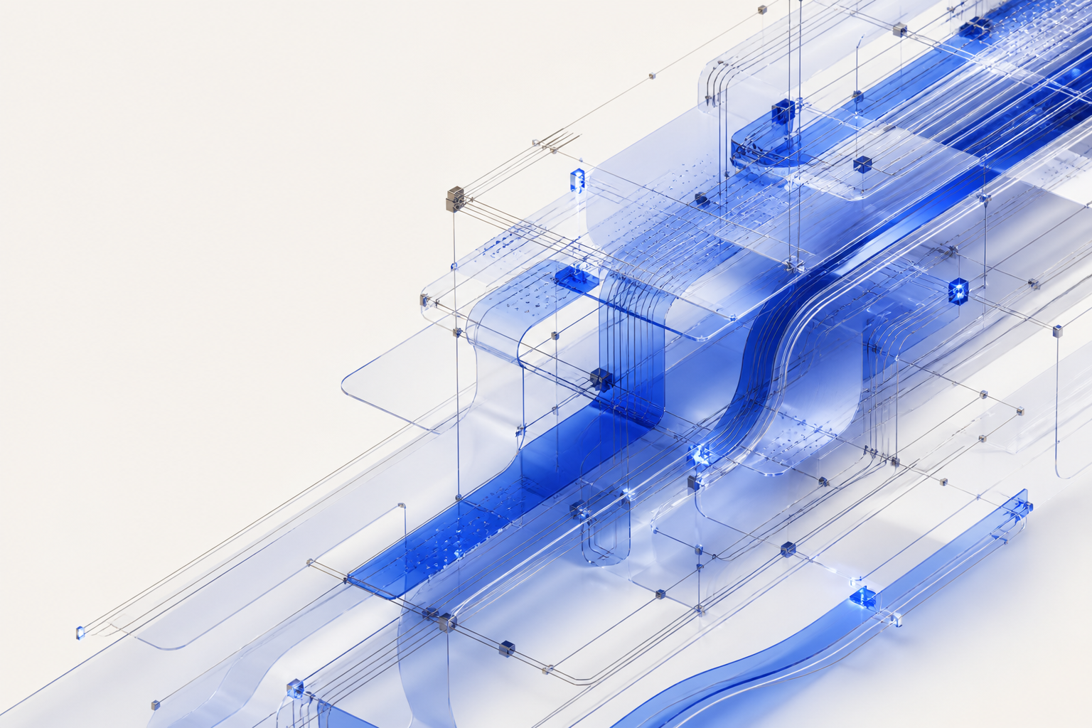 Abstract cobalt data architecture with connected glass layers